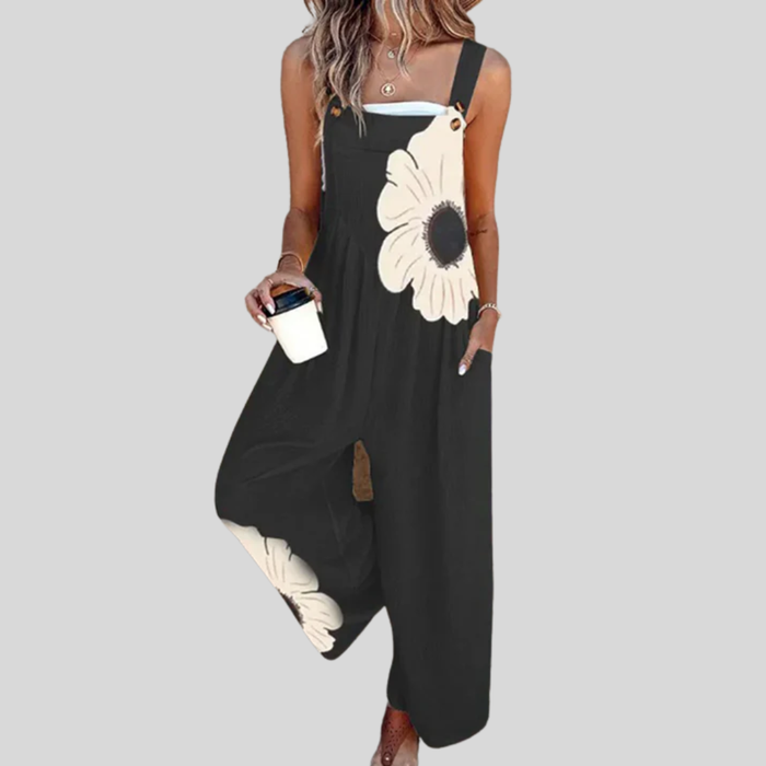 Zwarte Dungarees met grote bloem