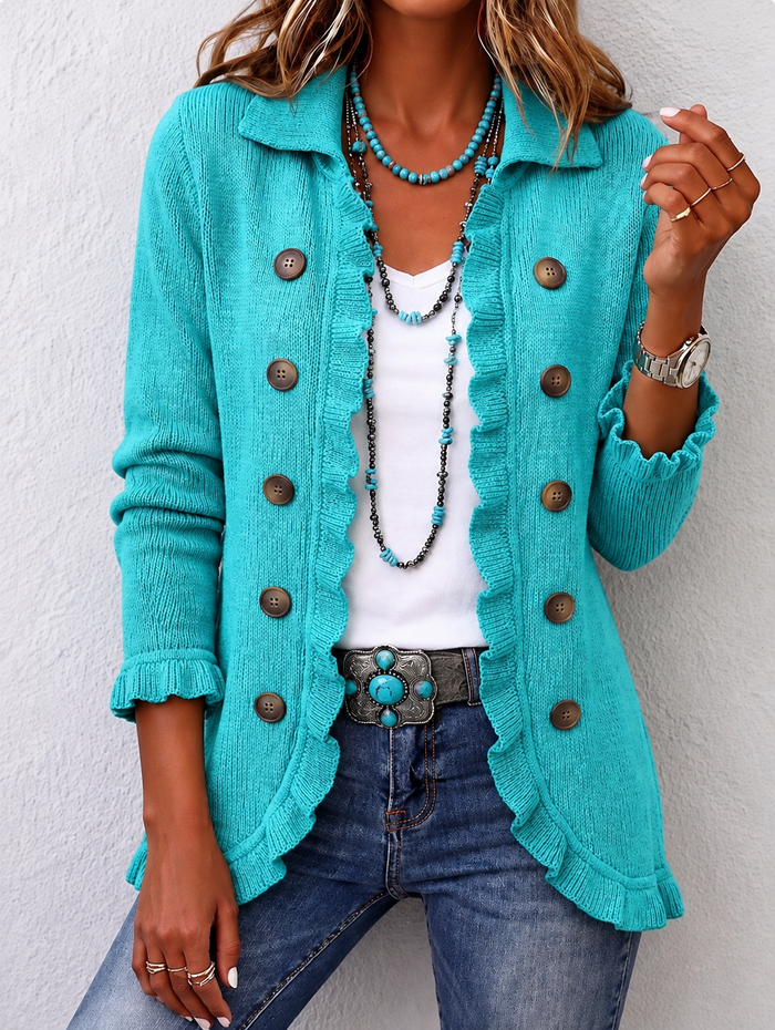 Sylvaine | Turquoise Geribbelde Trui met Volants
