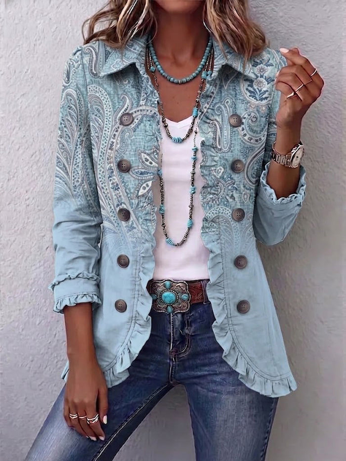Émilie | Vintage Paisley Blazer Lichtblauw met Ruffles