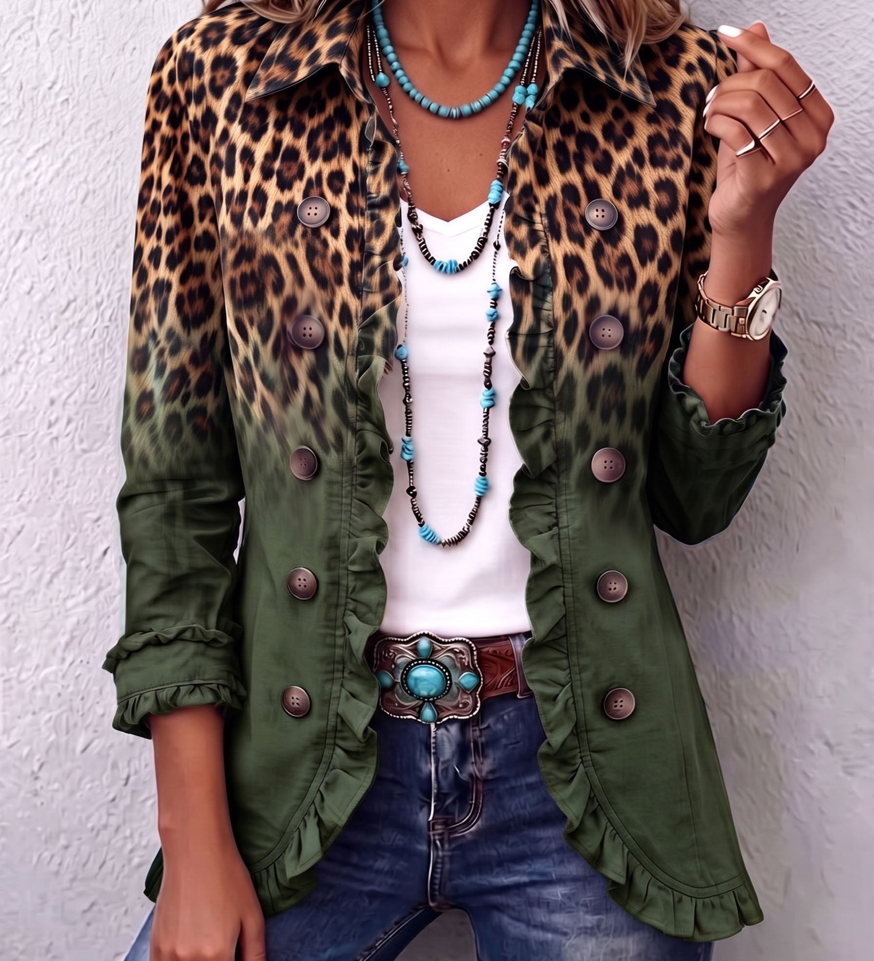 Béatrice | Blazer Luipaard Verloop Turquoise met Volants